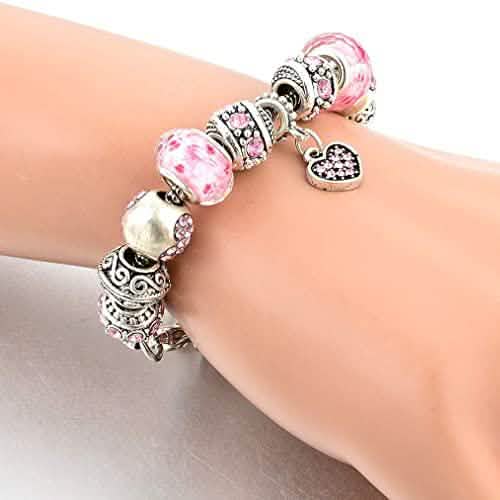 Pink Crystal Love Heart Bead Glass Charm Bracelet with Extender DailySale