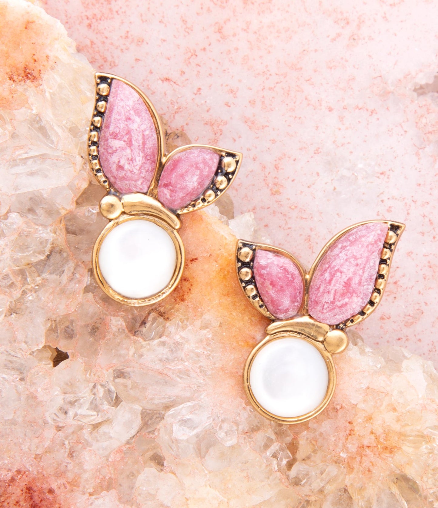 Pink Rhodonite and White Mother of Pearl Golden Butterflies Post Earrings Barse Jewelry