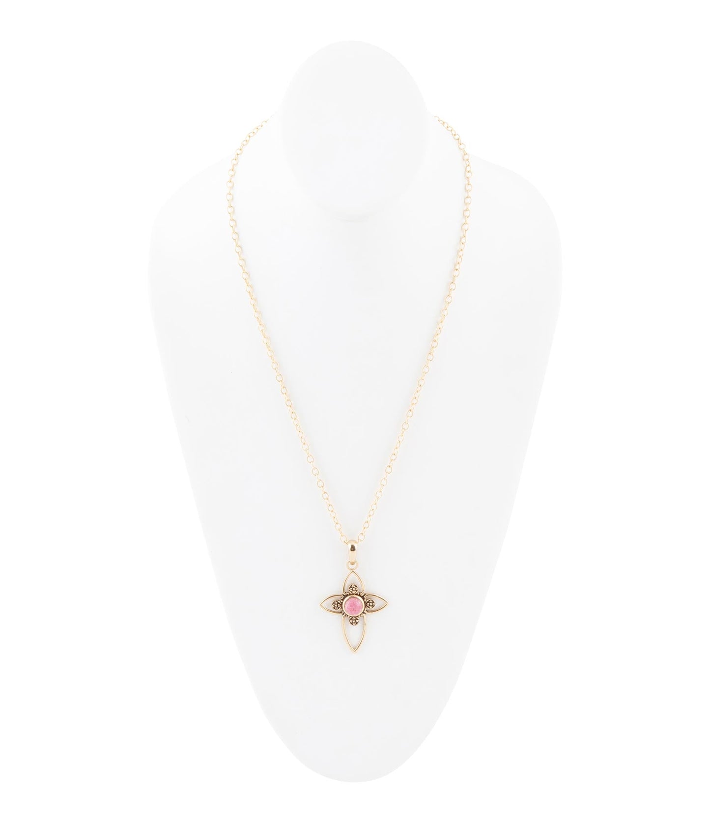 Pink Rhodonite Golden Cross Pendant Necklace Barse Jewelry