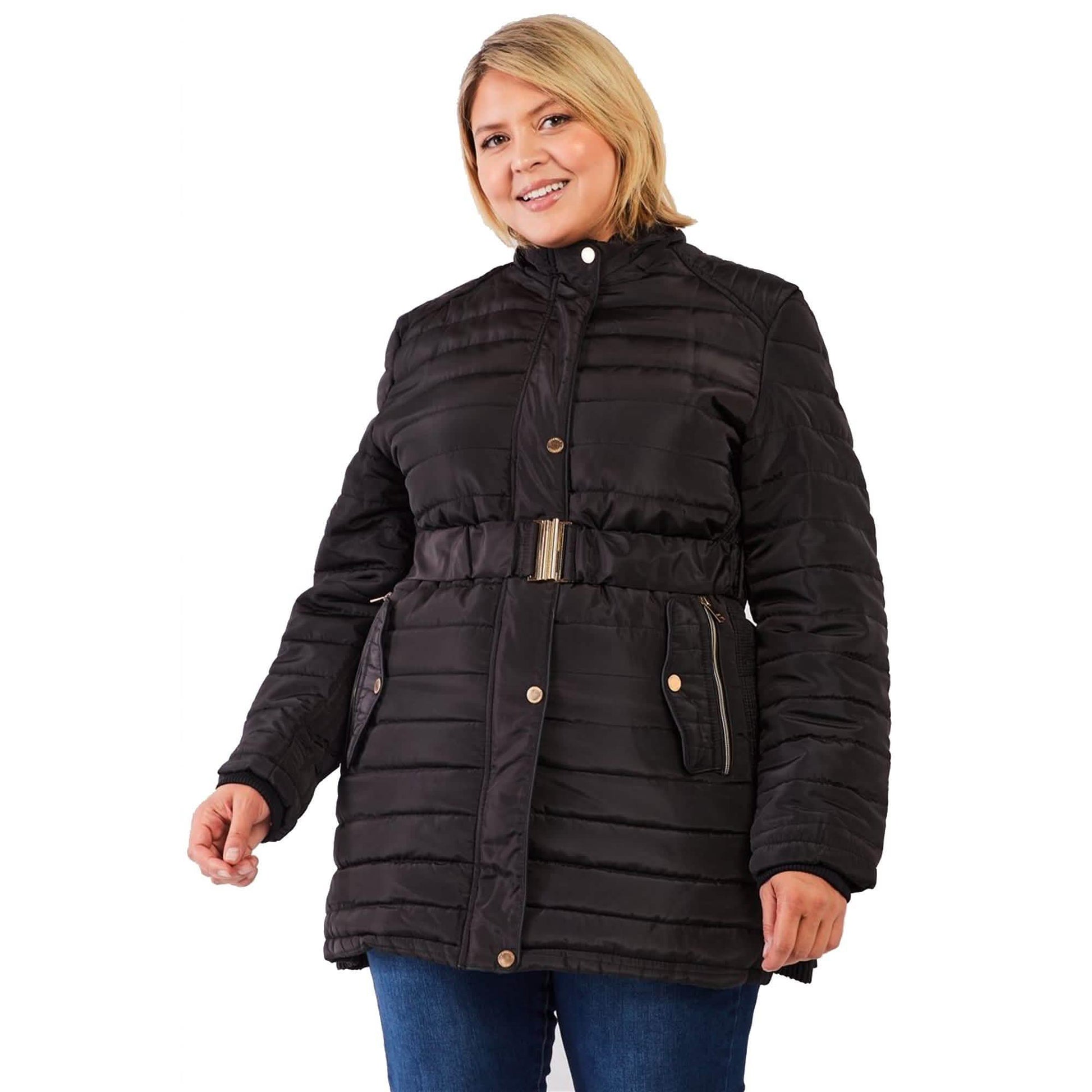 Plus Parallel Quilt Faux Fur Hood Belted Padded Long Puffer Jacket DailySale