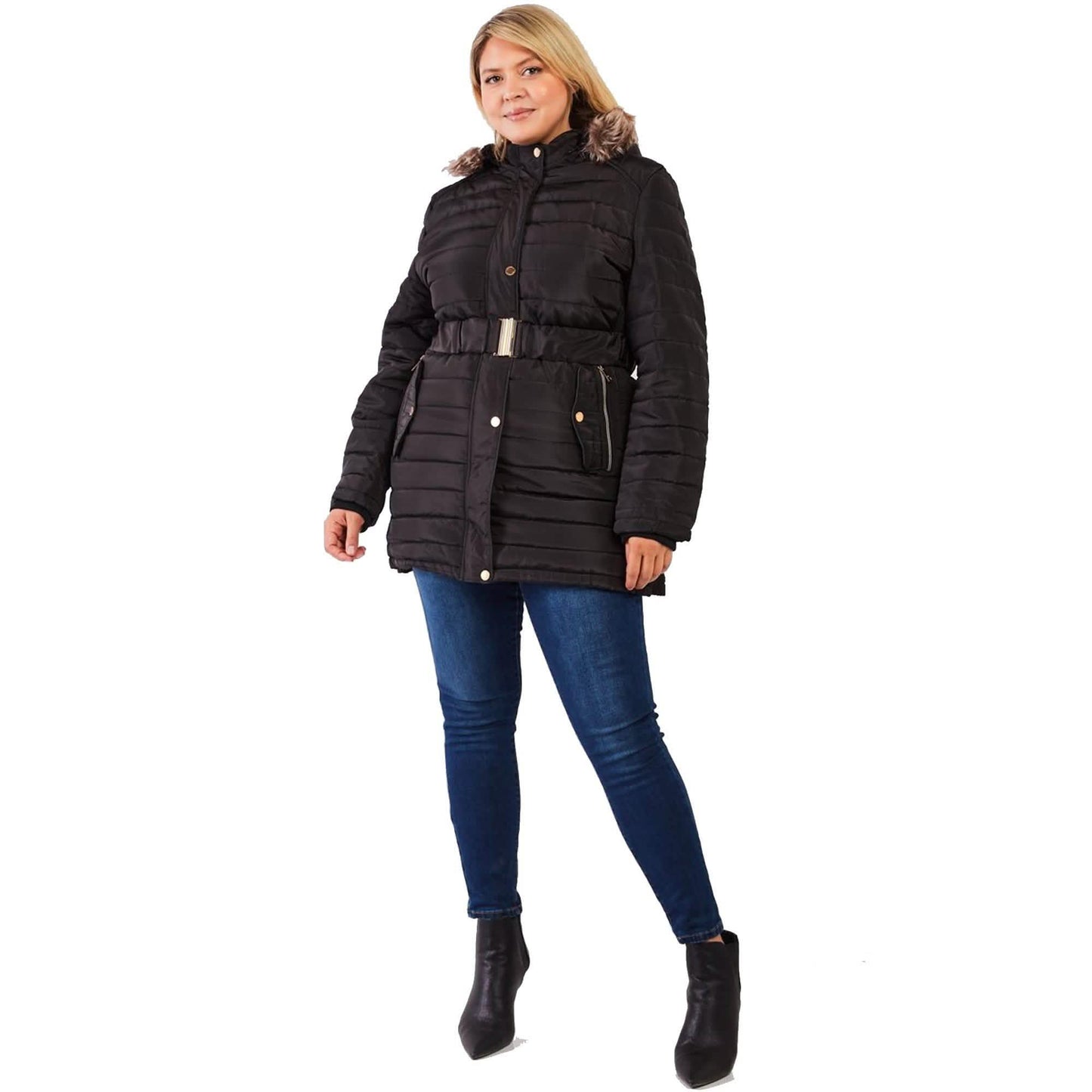 Plus Parallel Quilt Faux Fur Hood Belted Padded Long Puffer Jacket DailySale