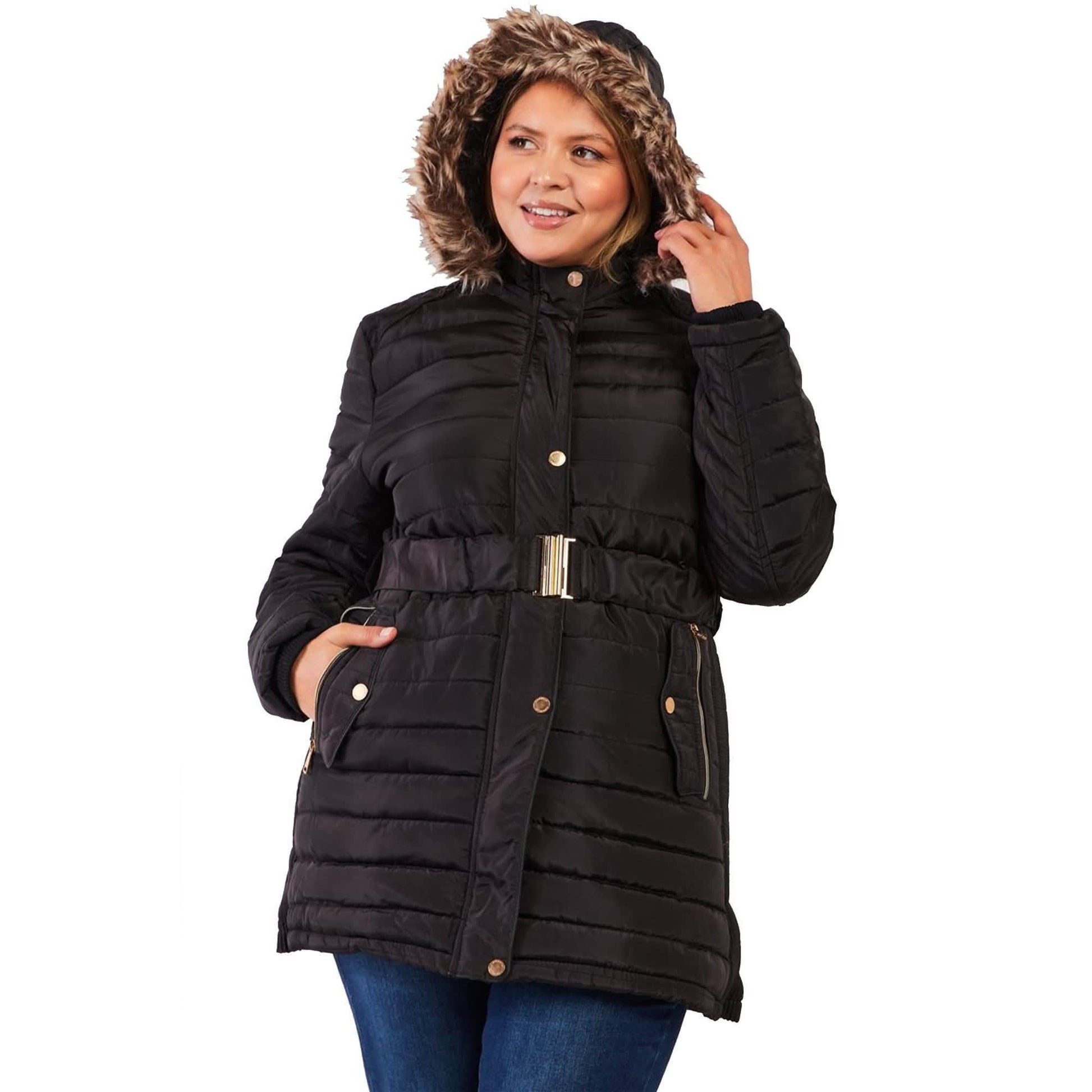 Plus Parallel Quilt Faux Fur Hood Belted Padded Long Puffer Jacket DailySale