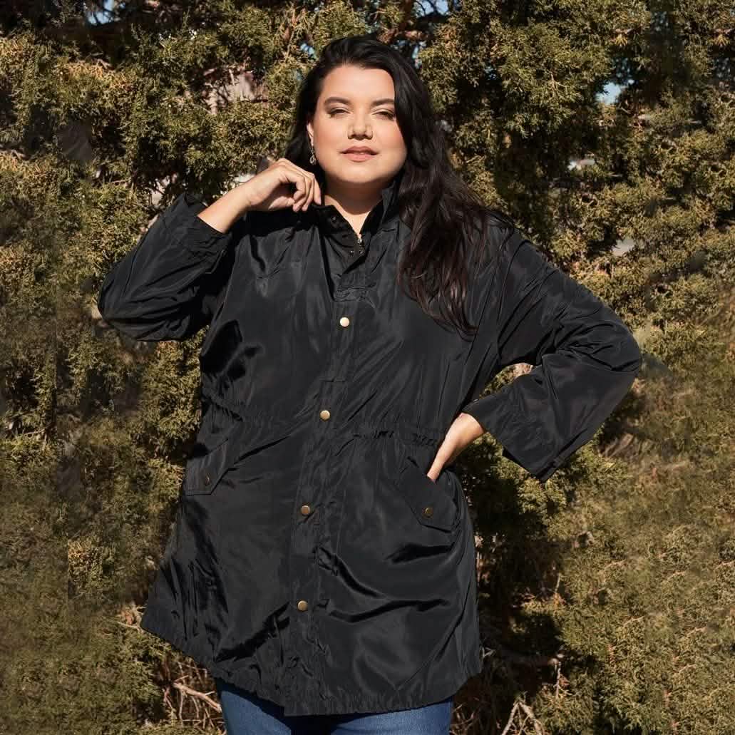 Plus Size Glossy Drawstring Hem Button-Down Coach Jacket DailySale