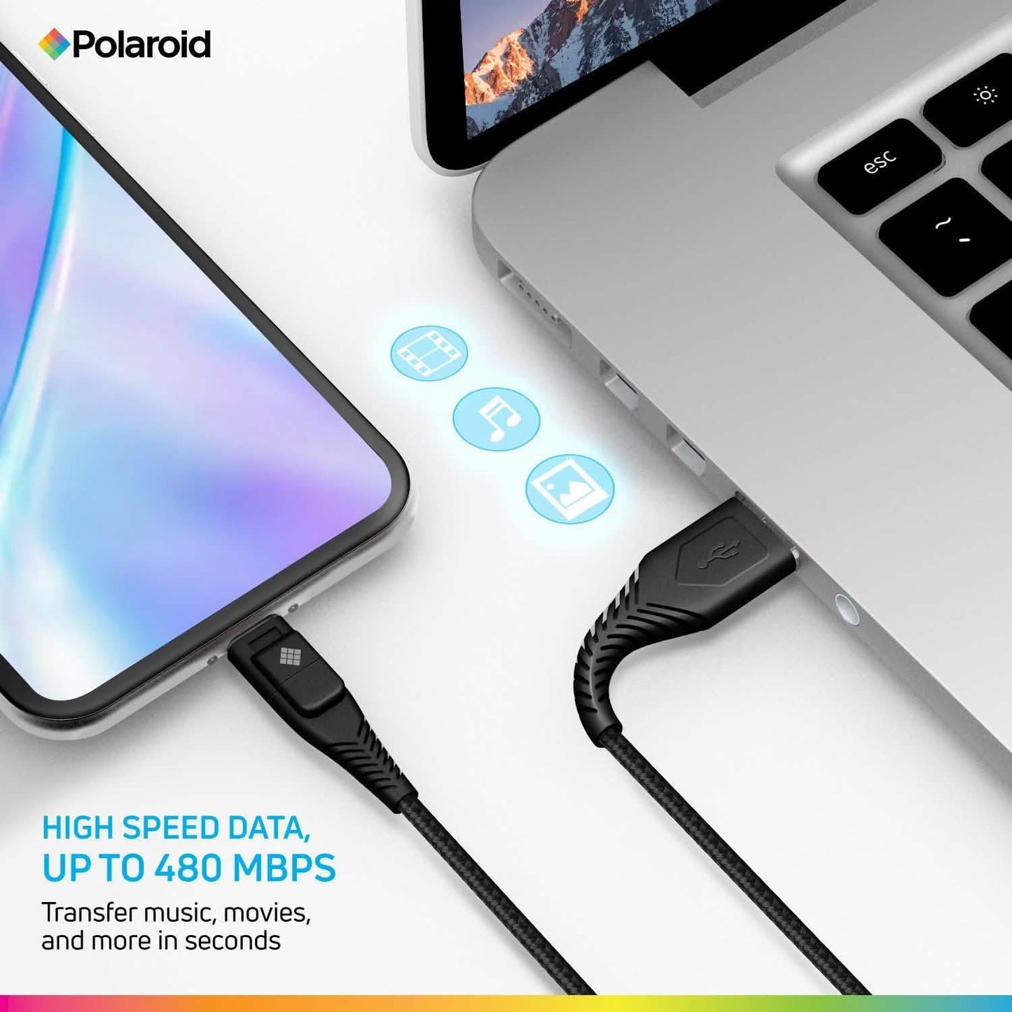 Polaroid 5 Ft USB Type-C Nylon Braided Charger Cable with LED Light DailySale