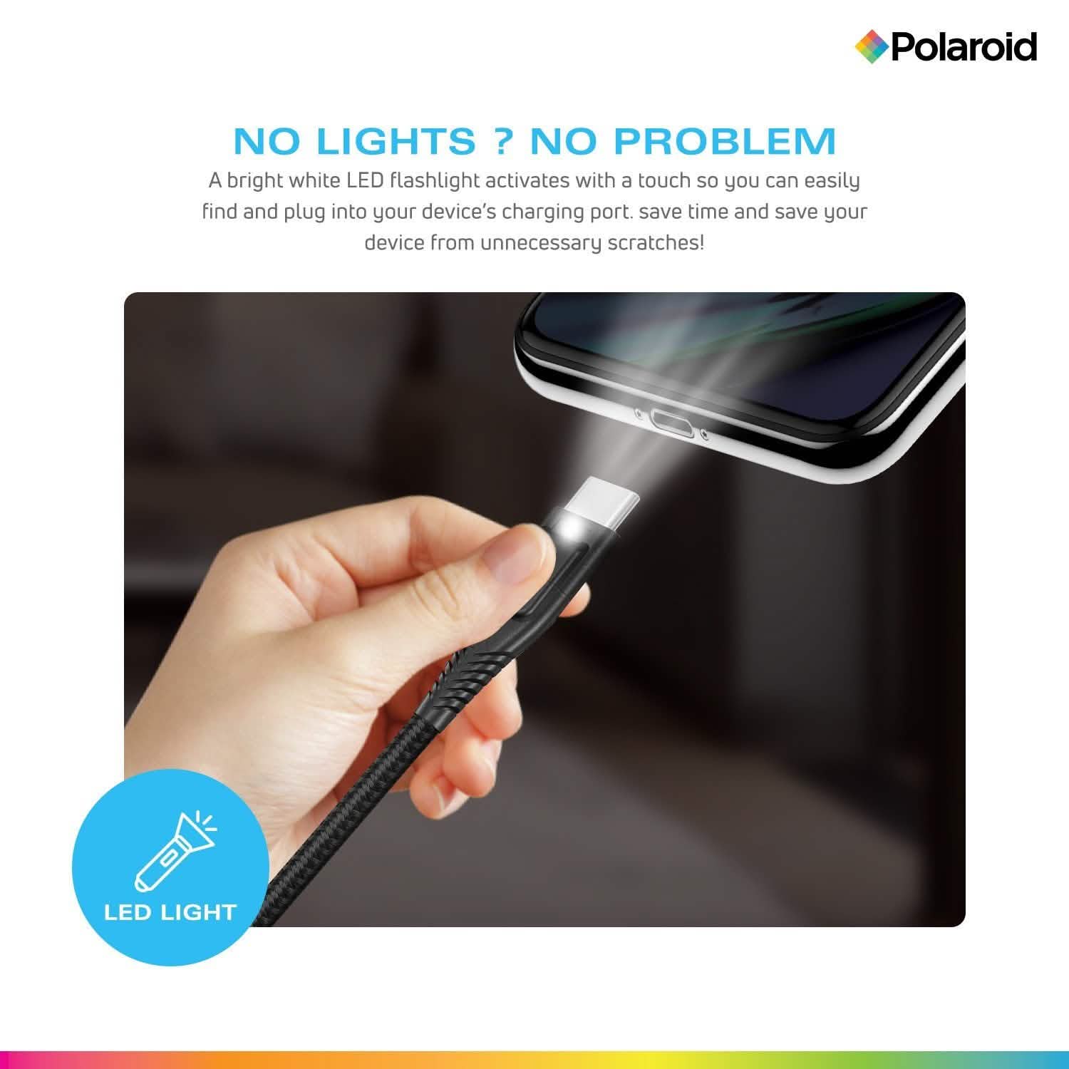 Polaroid 5 Ft USB Type-C Nylon Braided Charger Cable with LED Light DailySale