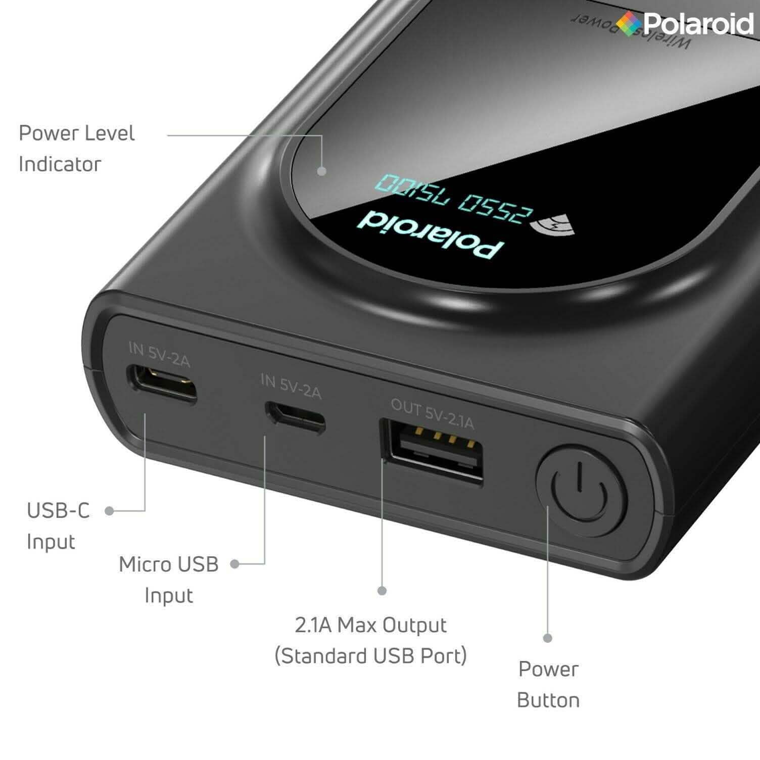 Polaroid Portable Wireless Power Bank - 10000mAh, USB Charging, Digital Display DailySale
