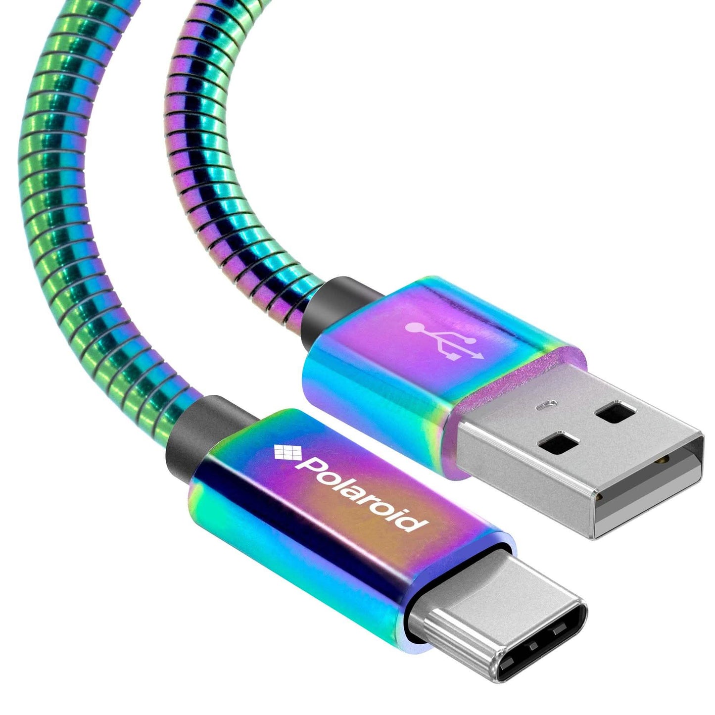 Polaroid USB Type-C Cable 5Ft | USB C Spiral Metal Cable with Aluminum Housing for Android Devices - Iridescent DailySale