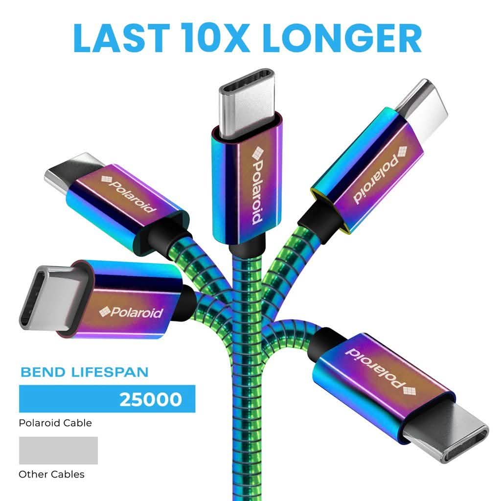 Polaroid USB Type-C Cable 5Ft | USB C Spiral Metal Cable with Aluminum Housing for Android Devices - Iridescent DailySale