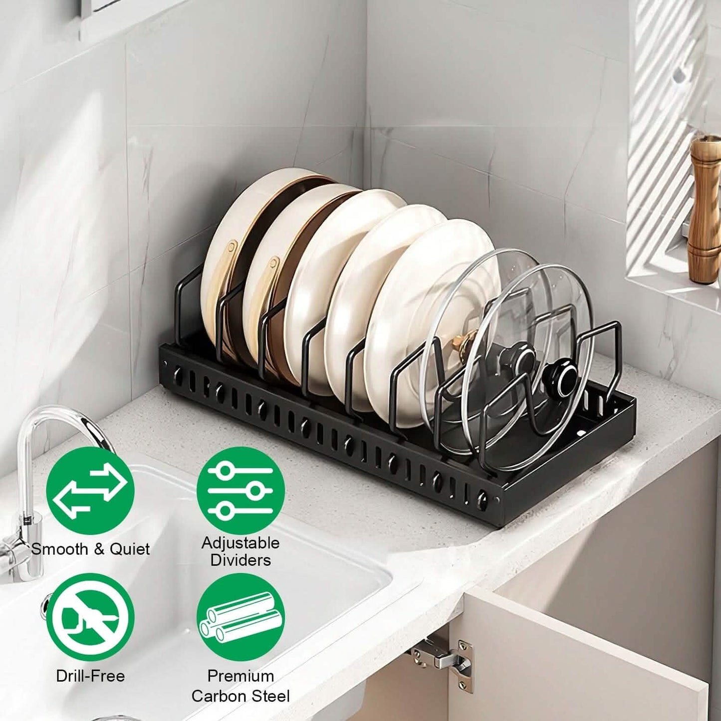 Pull Out Pots and Pans Organizer with 8 Adjustable Dividers DailySale