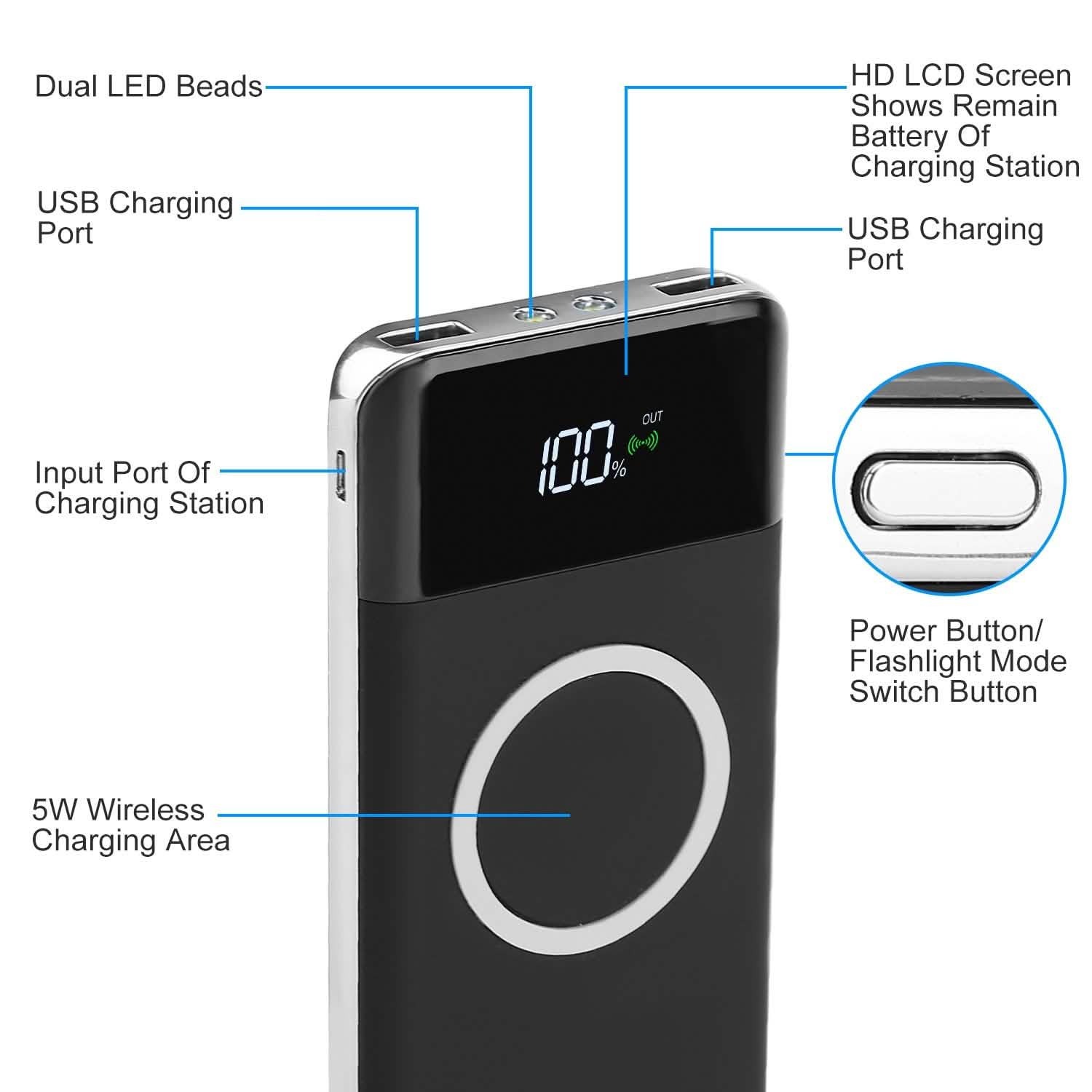 Qi Wireless Station 10000mAh Powerbank with 4 Modes Flashlight DailySale