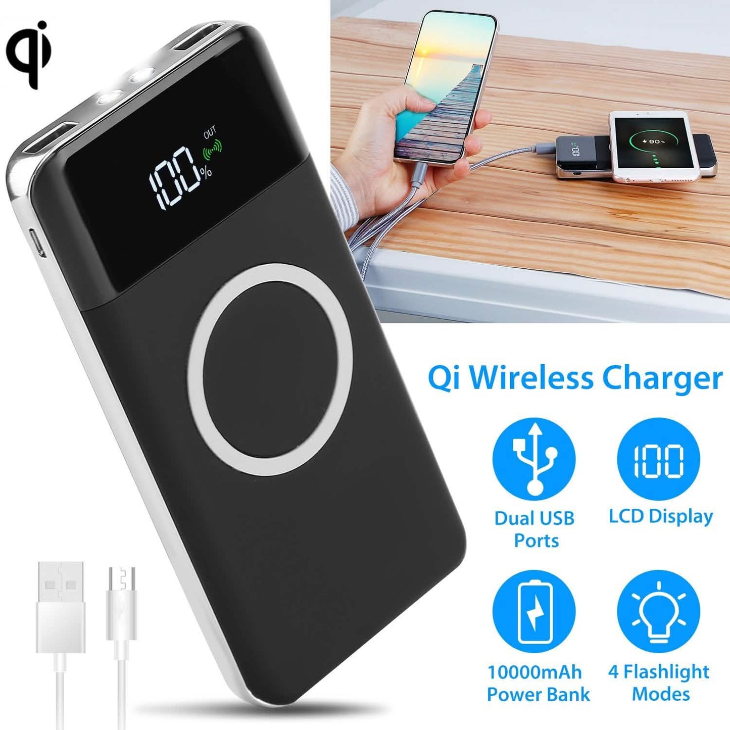 Qi Wireless Station 10000mAh Powerbank with 4 Modes Flashlight DailySale