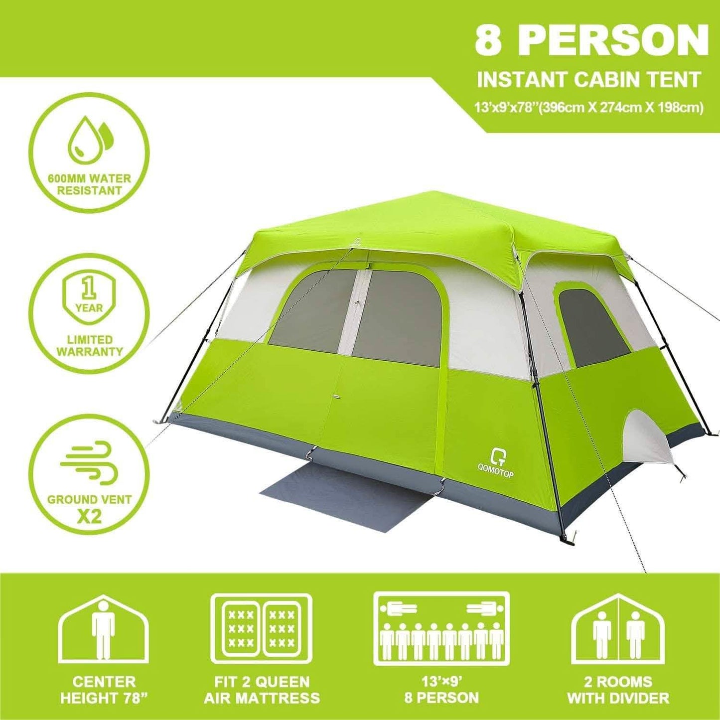 8 Person Camping Tent, 60 Seconds Set up Waterproof Tent DailySale