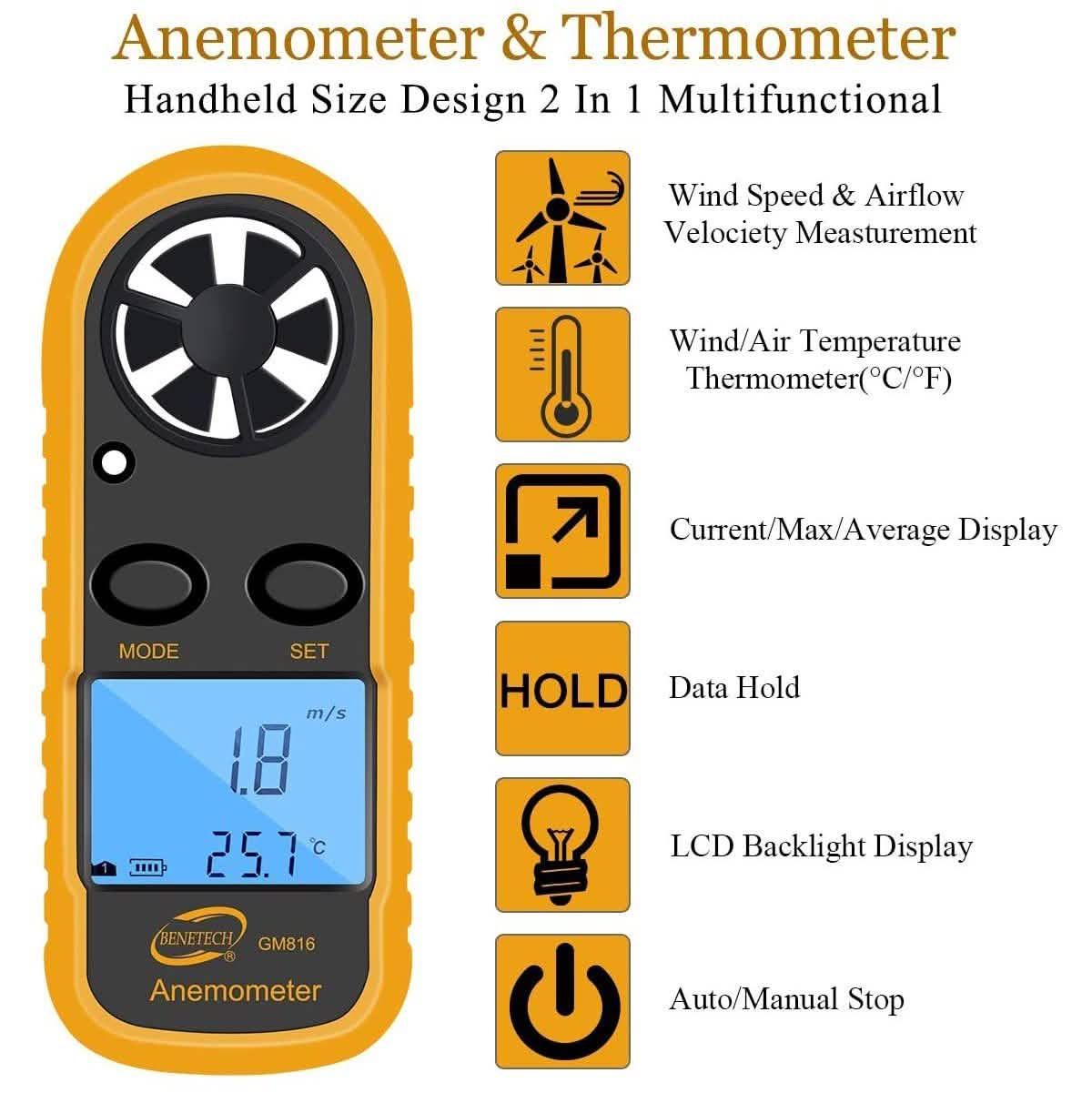 Qotone GM816 Digital Anemometer Wind-Speed Gauge Meter DailySale