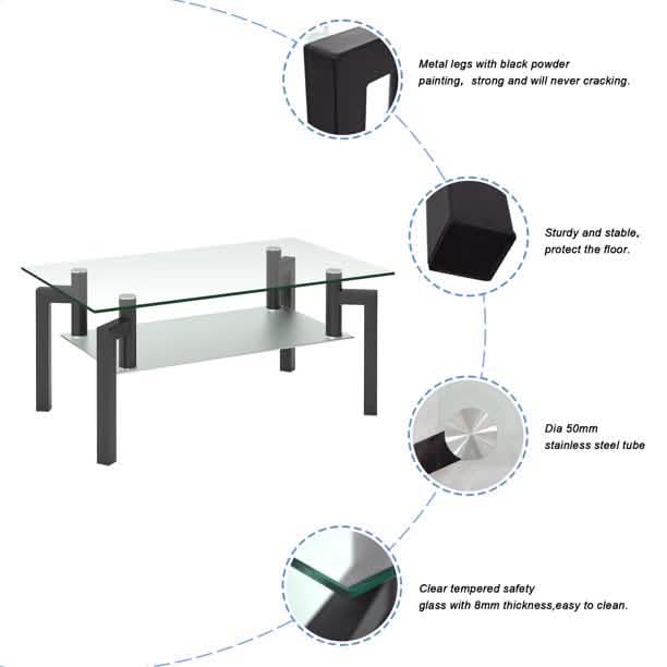 Rectangular Tempered Metal Tube Leg Living Room Glass Coffee Table DailySale