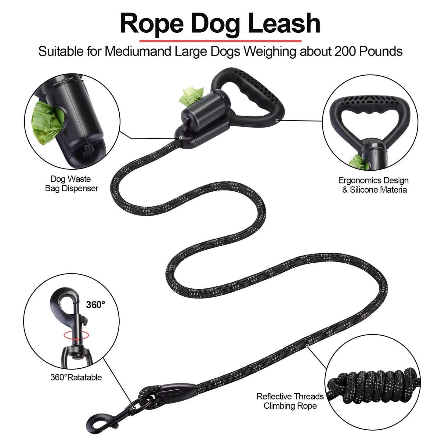 Reflective Durable 2-in-1 Dog Leash 5ft Hands-Free Waste Bag Dispenser DailySale