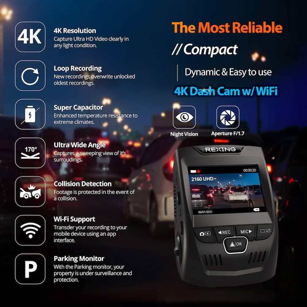 REXING V1 - 4K Ultra HD Car Dash Cam 2.4" LCD Screen  (Refurbished) DailySale