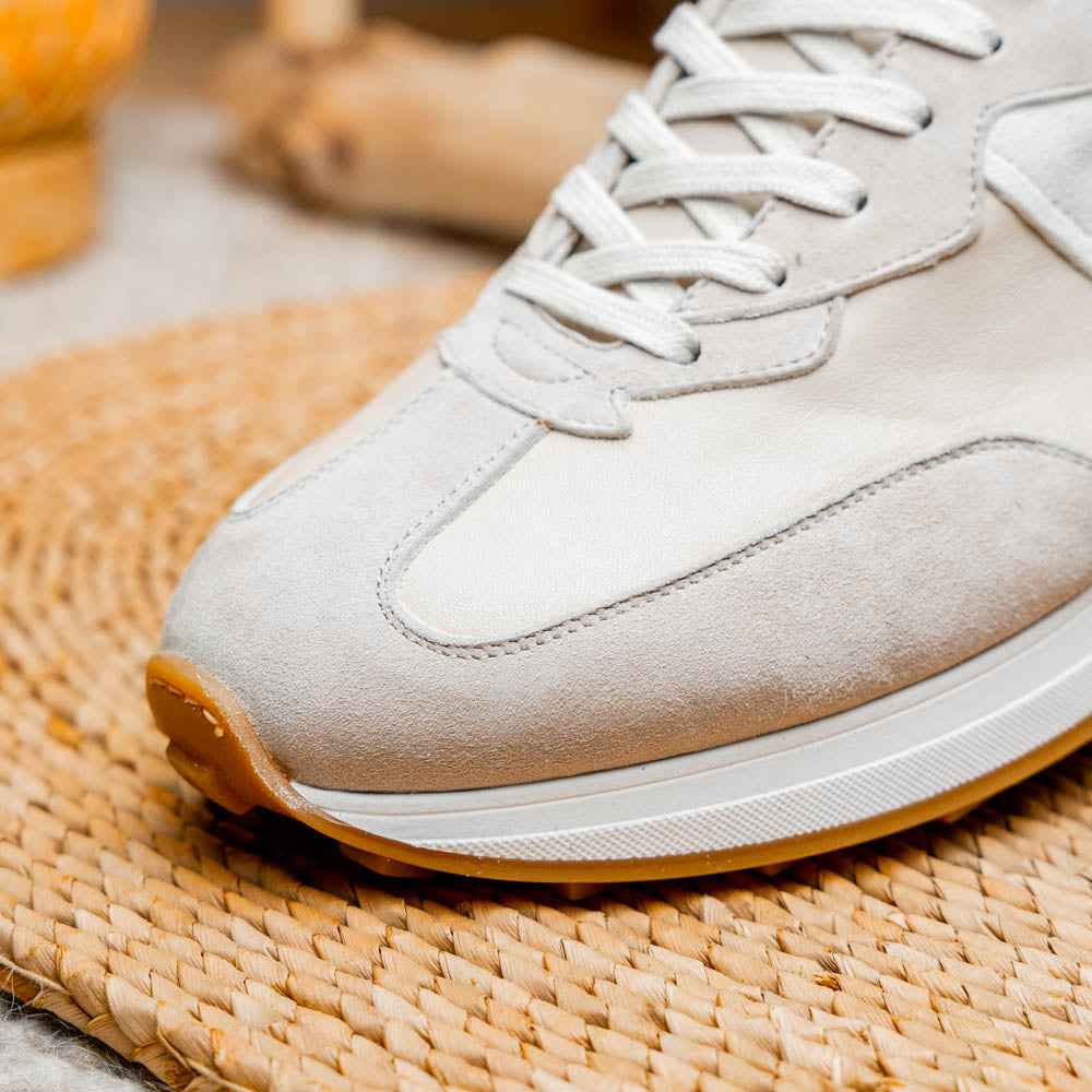 66-265-TPE ROXI Suede & Calfskin Sneaker, Taupe