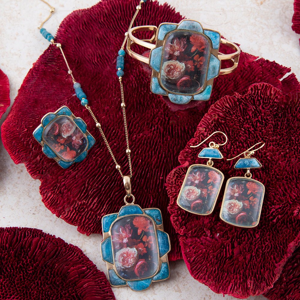 Scenic Dark Florals Blue Apatite Golden Drop Earrings Barse Jewelry