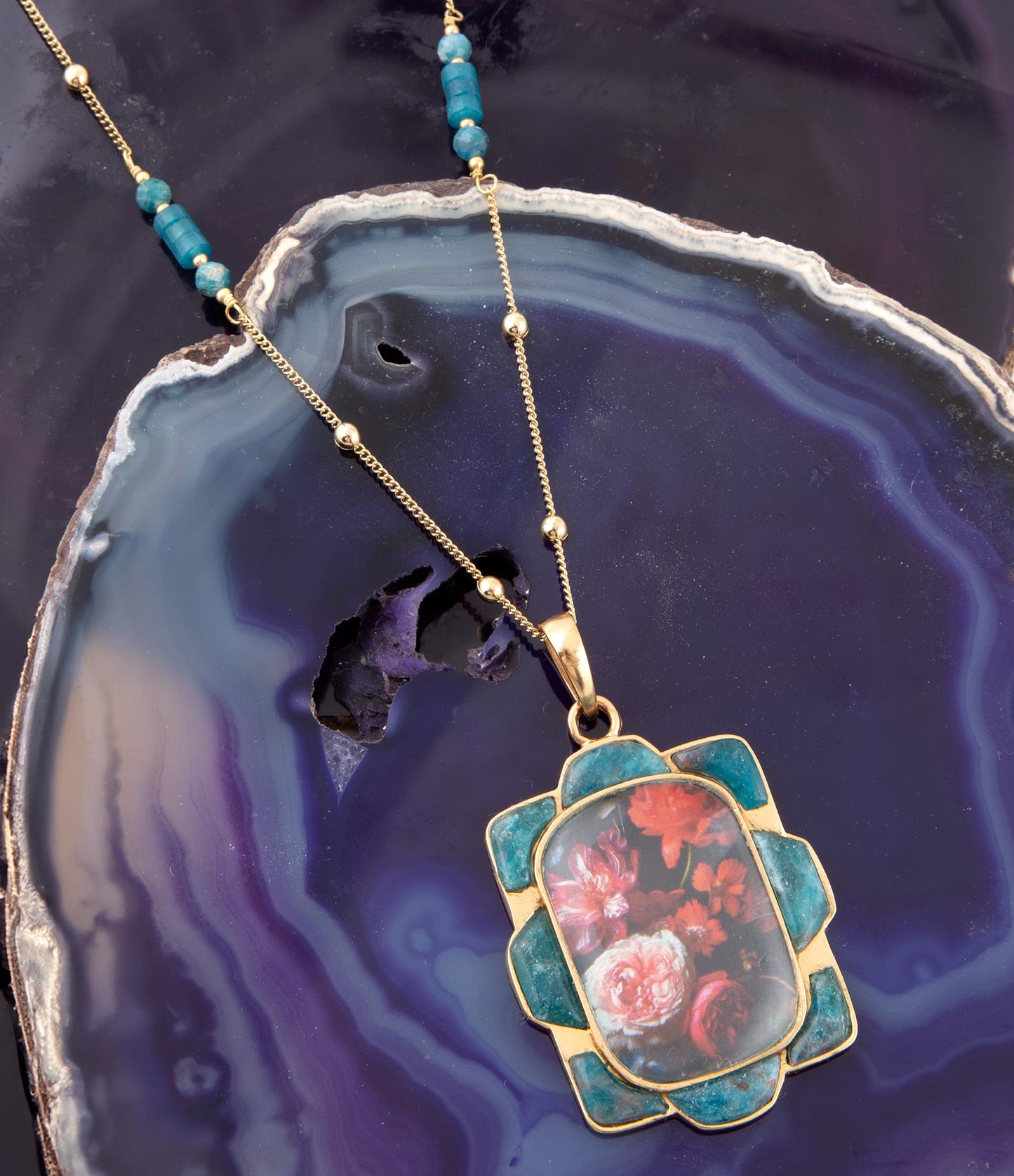Scenic Red Florals Blue Apatite Golden Pendant Necklace Barse Jewelry