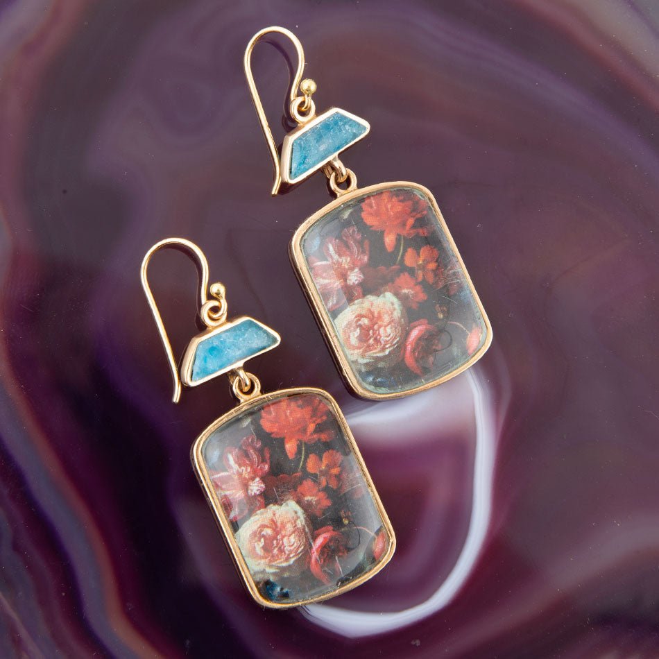 Scenic Dark Florals Blue Apatite Golden Drop Earrings Barse Jewelry