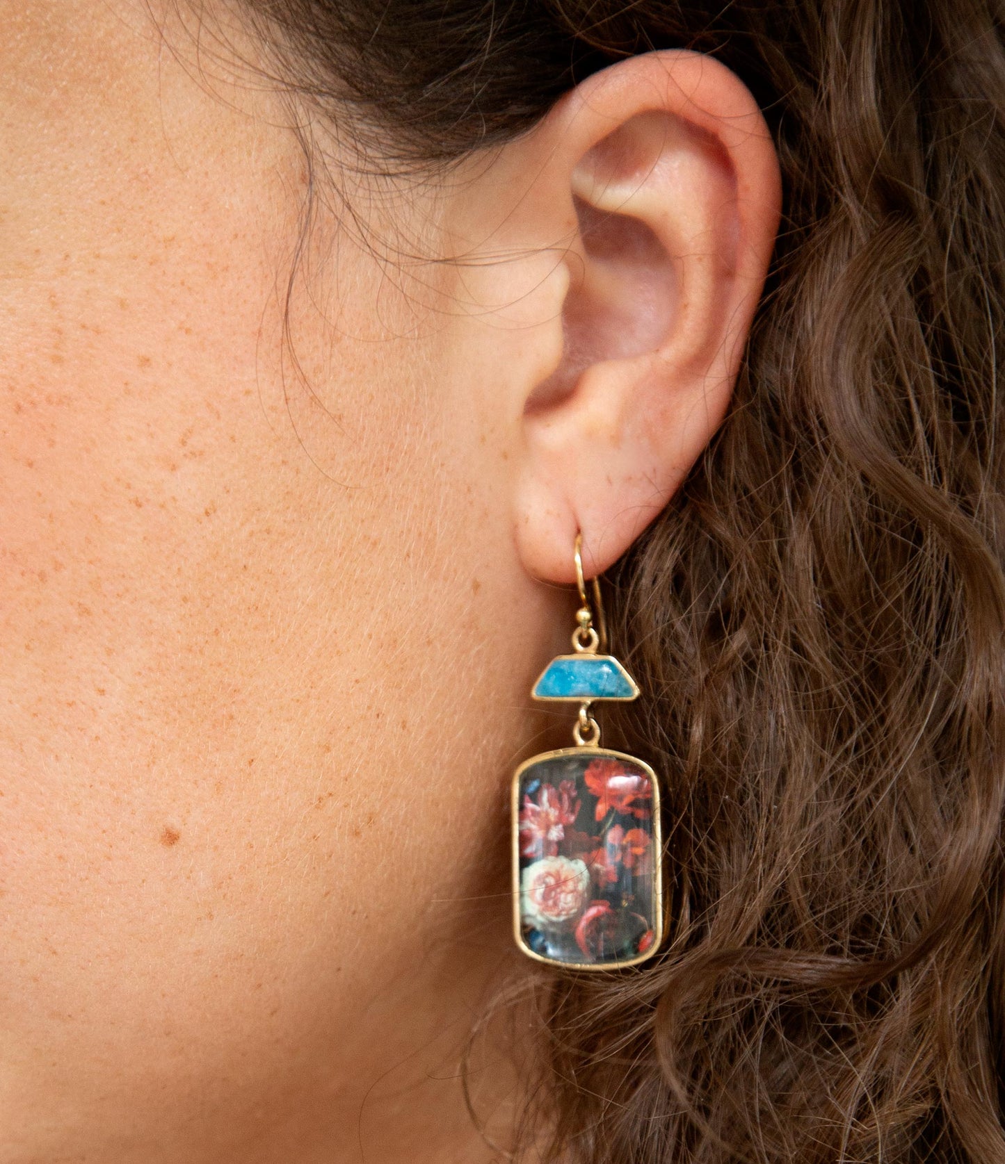 Scenic Dark Florals Blue Apatite Golden Drop Earrings Barse Jewelry