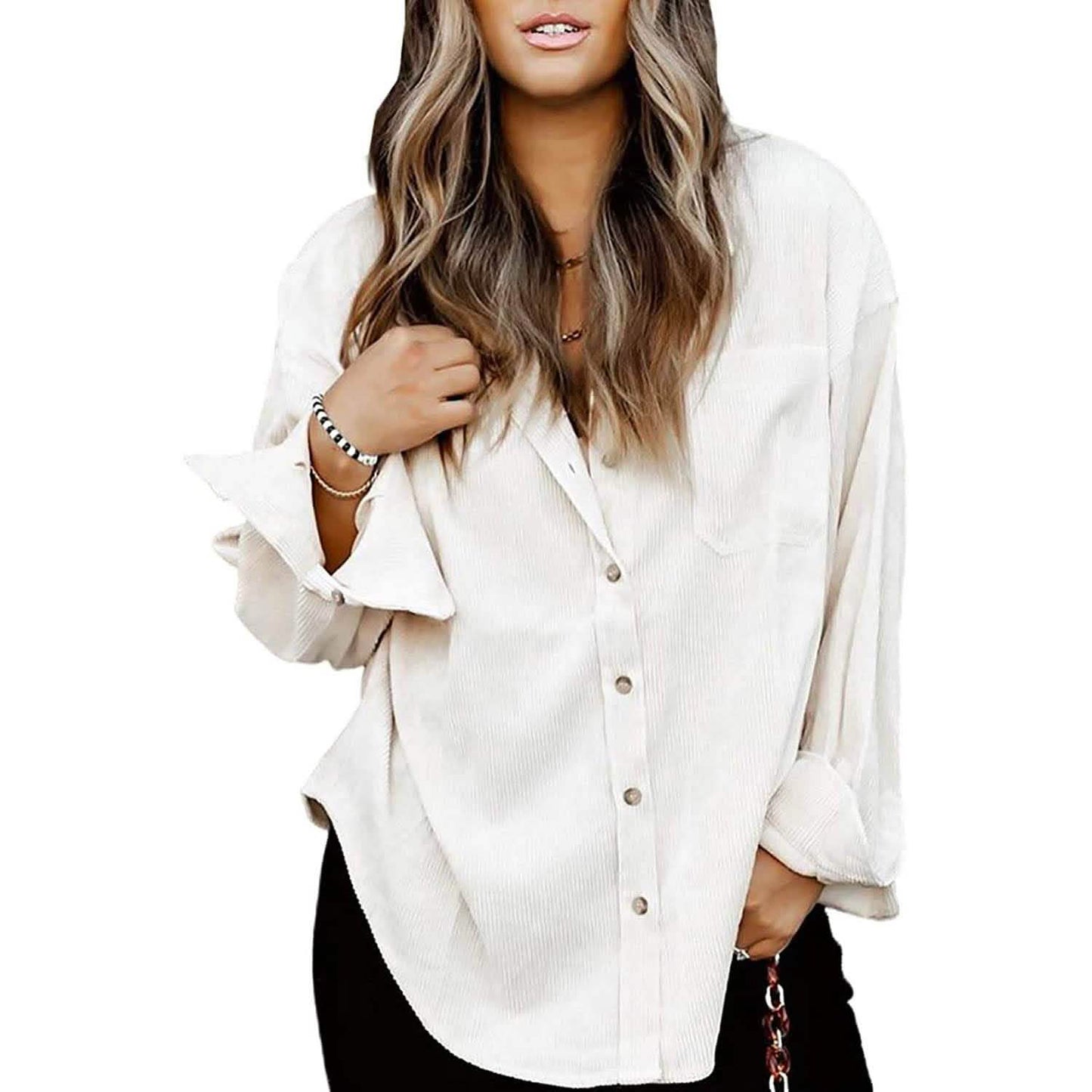 Sidefeel Women Corduroy Long Sleeve Button Down Shirt Oversized Jacket Tops DailySale