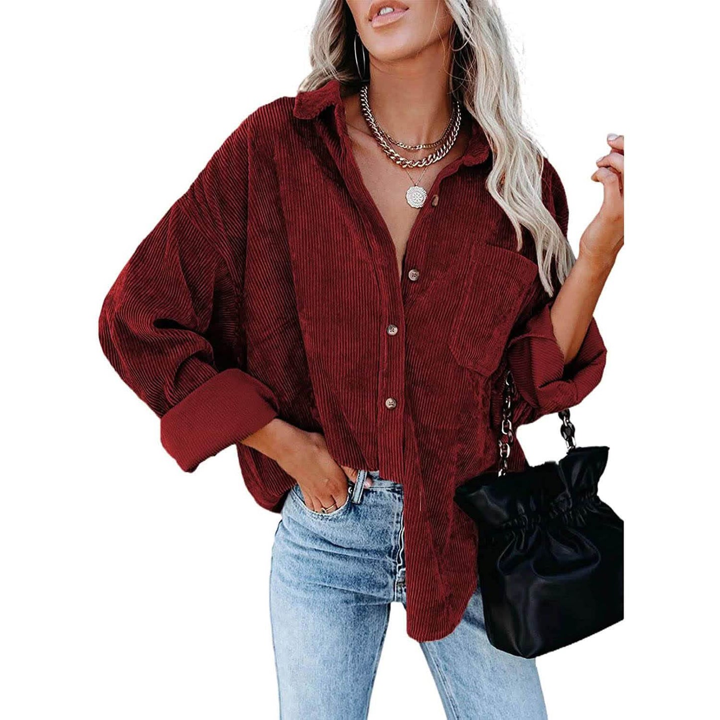 Sidefeel Women Corduroy Long Sleeve Button Down Shirt Oversized Jacket Tops DailySale