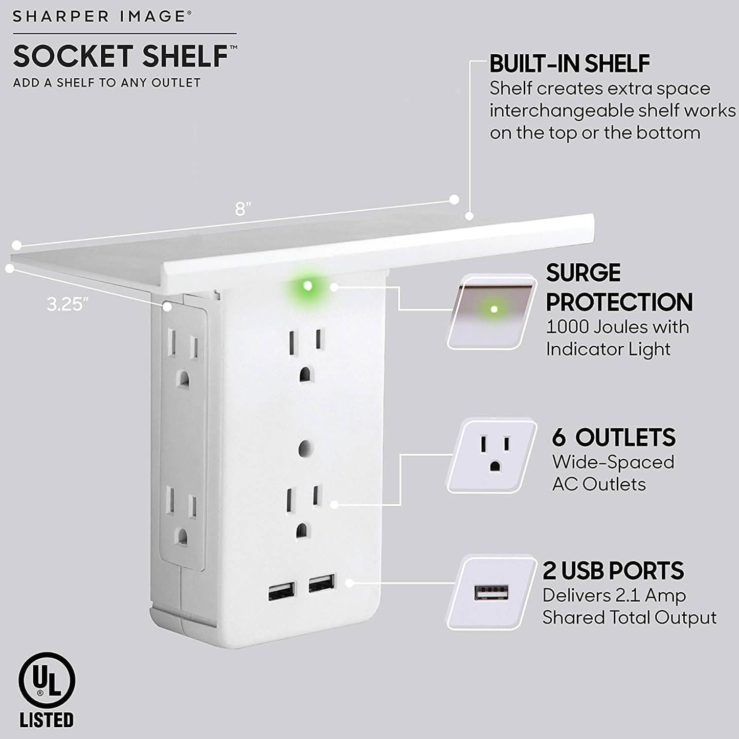 Socket Shelf 8 Port Surge Protector Wall Outlet, 6 Electrical Outlet Extenders, 2 USB Charging Ports DailySale