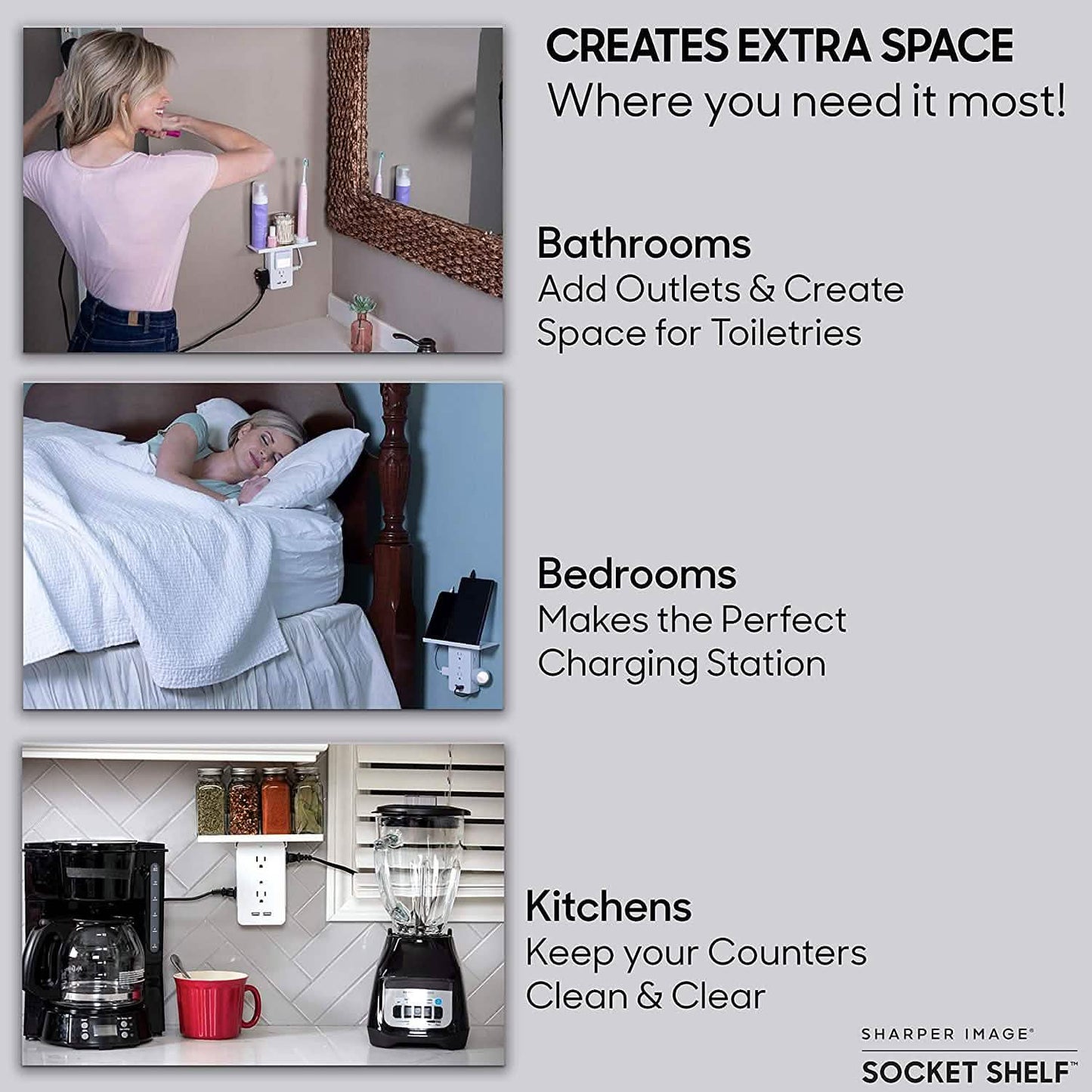 Socket Shelf 8 Port Surge Protector Wall Outlet, 6 Electrical Outlet Extenders, 2 USB Charging Ports DailySale