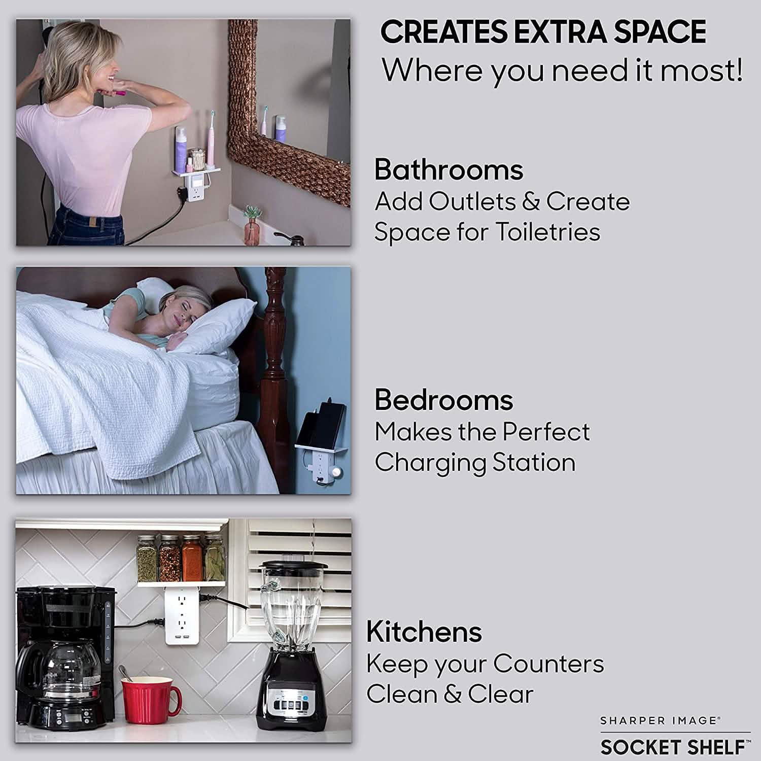 Socket Shelf 8 Port Surge Protector Wall Outlet, 6 Electrical Outlet Extenders, 2 USB Charging Ports DailySale