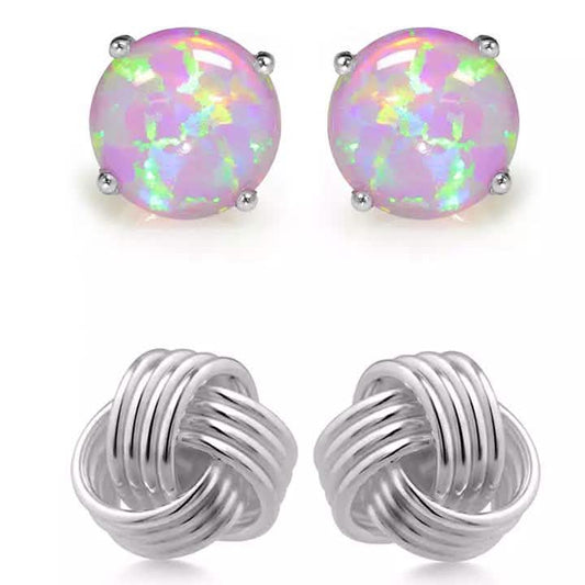 Solid Sterling Silver Love Knot And Pink Opal Earring Set DailySale