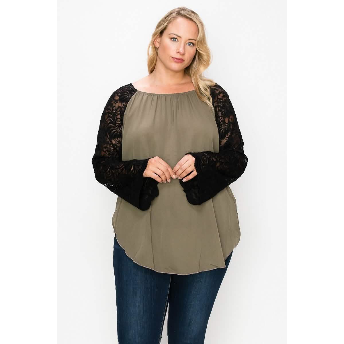 Solid Top Featuring Flattering Lace Bell Sleeves DailySale