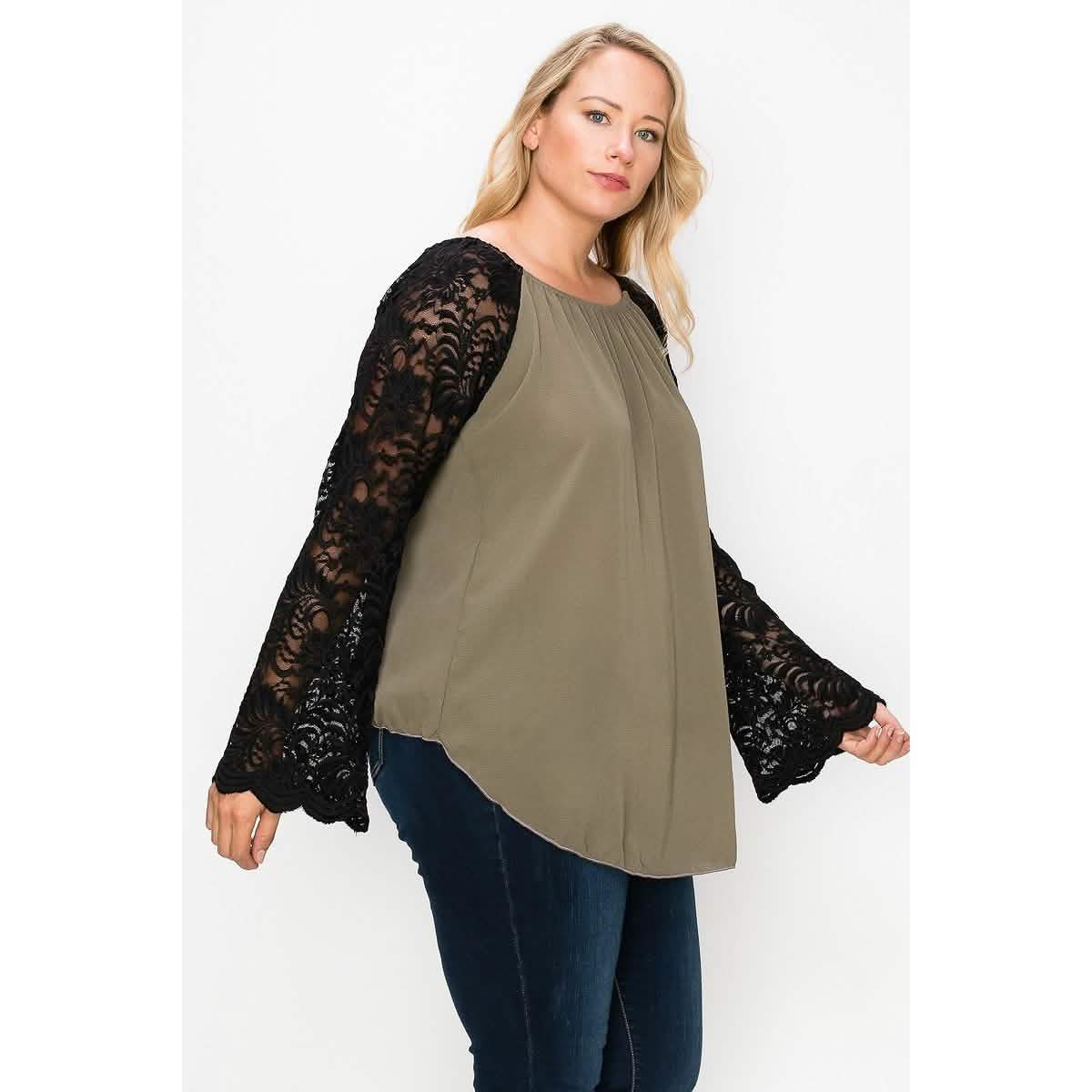 Solid Top Featuring Flattering Lace Bell Sleeves DailySale