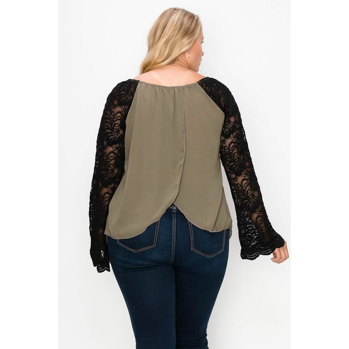 Solid Top Featuring Flattering Lace Bell Sleeves DailySale
