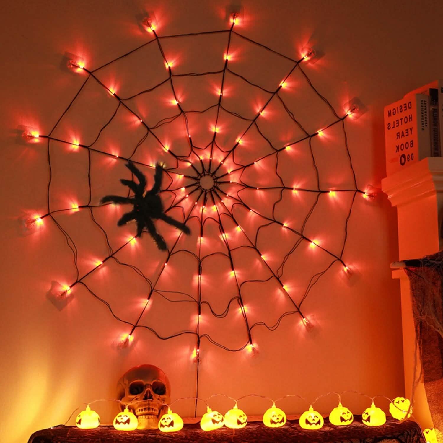 Spider Web Light with Hairy Spider 70LED Battery Powered Remote Control 8 Lighting Modes DailySale