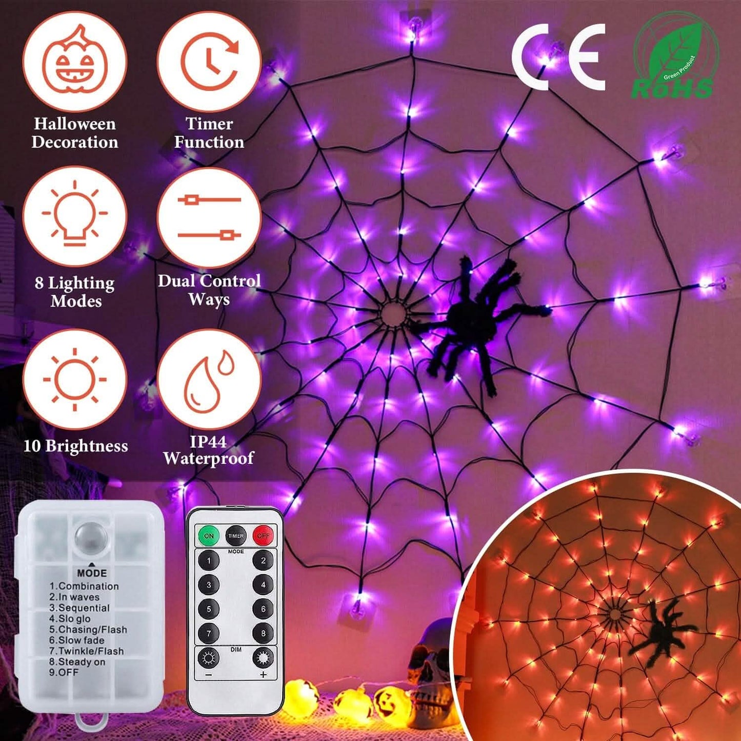Spider Web Light with Hairy Spider 70LED Battery Powered Remote Control 8 Lighting Modes DailySale