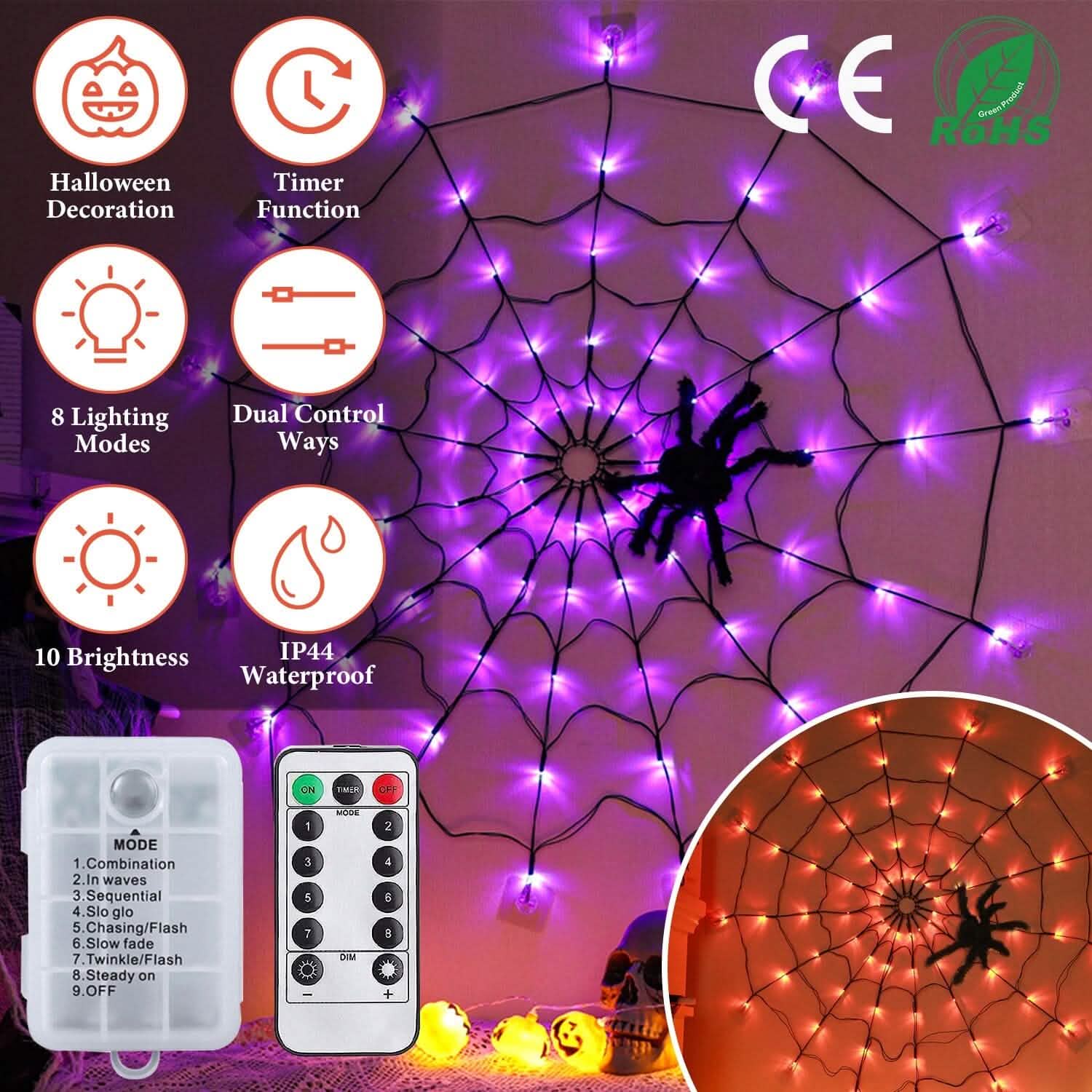Spider Web Light with Hairy Spider 70LED Battery Powered Remote Control 8 Lighting Modes DailySale