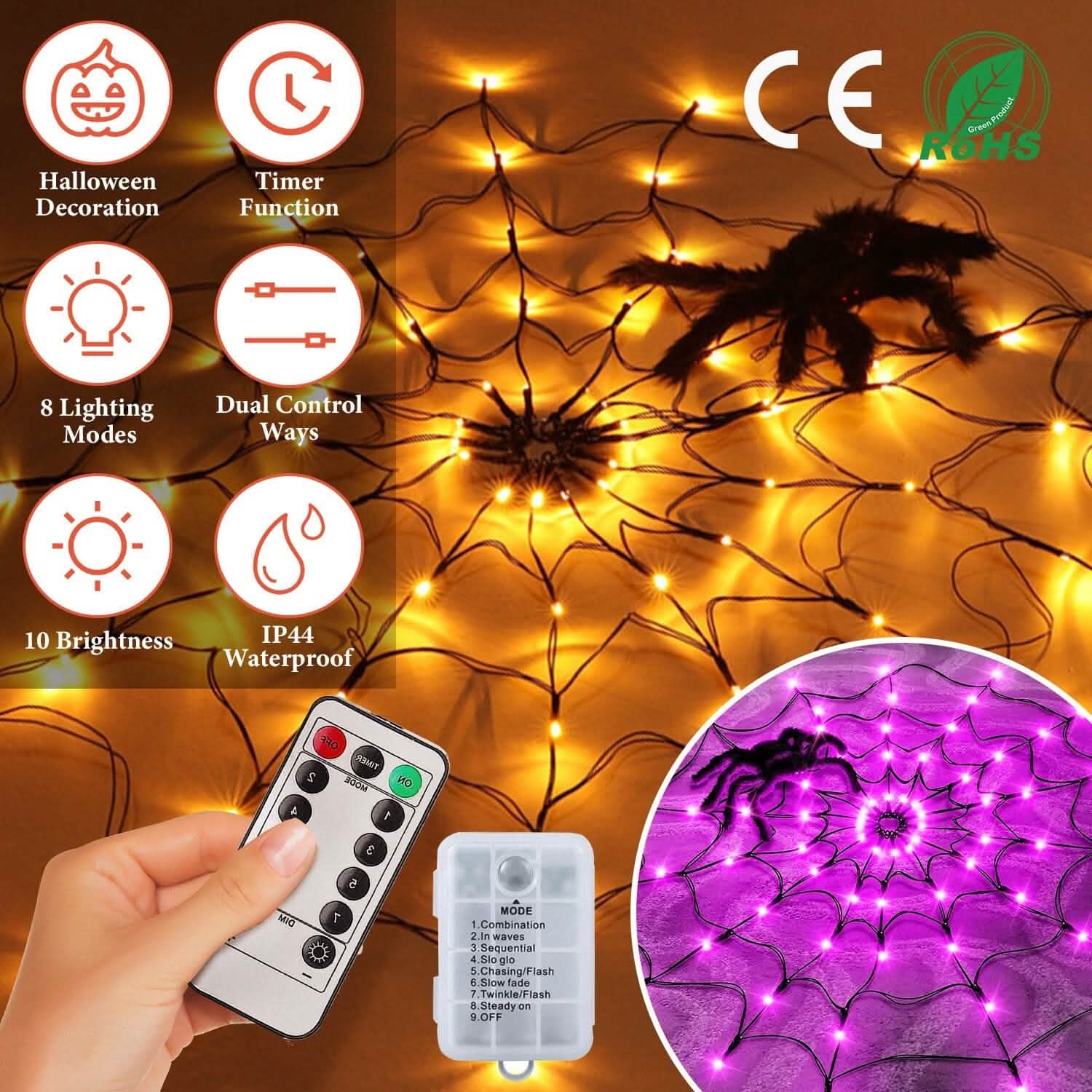 Spider Web Light with Hairy Spider 70LED Battery Powered Remote Control 8 Lighting Modes DailySale