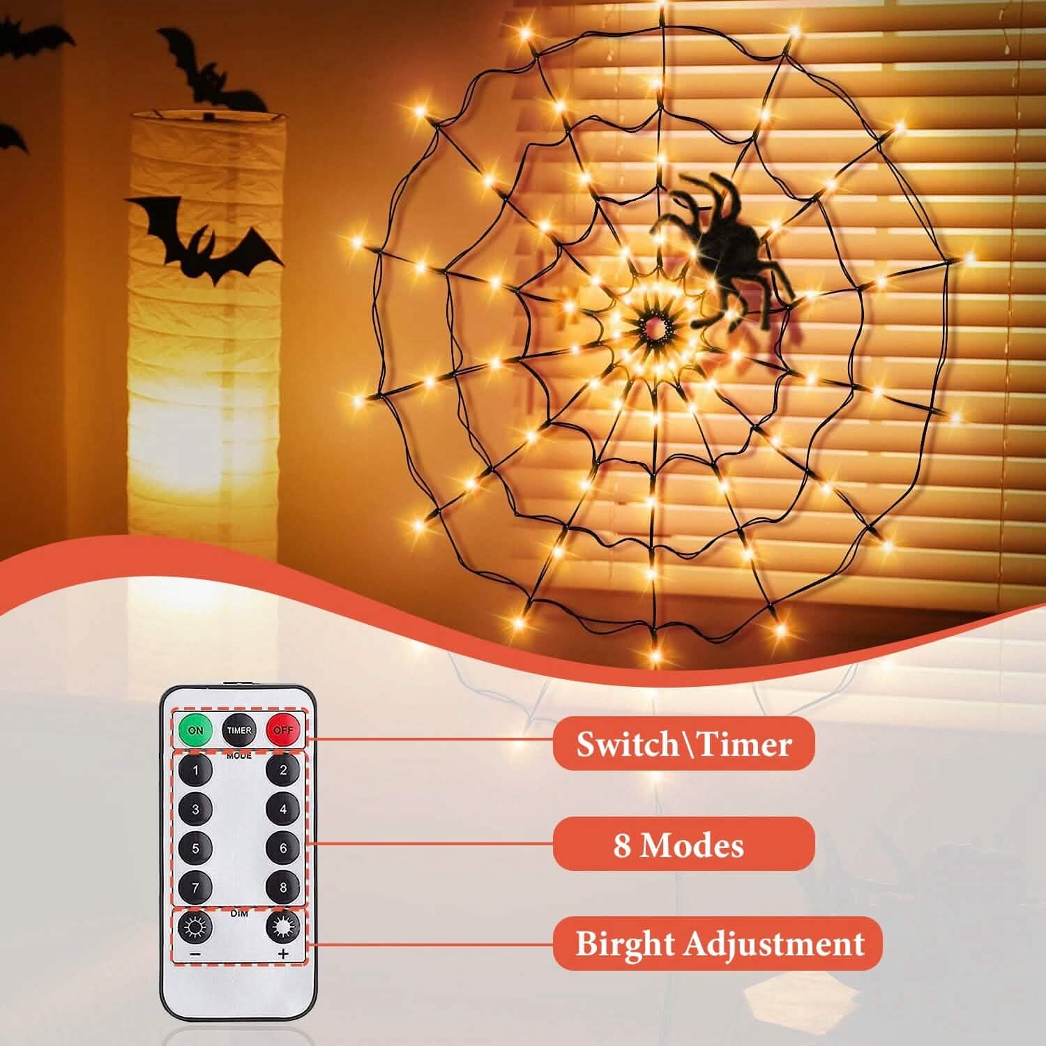 Spider Web Light with Hairy Spider 70LED Battery Powered Remote Control 8 Lighting Modes DailySale