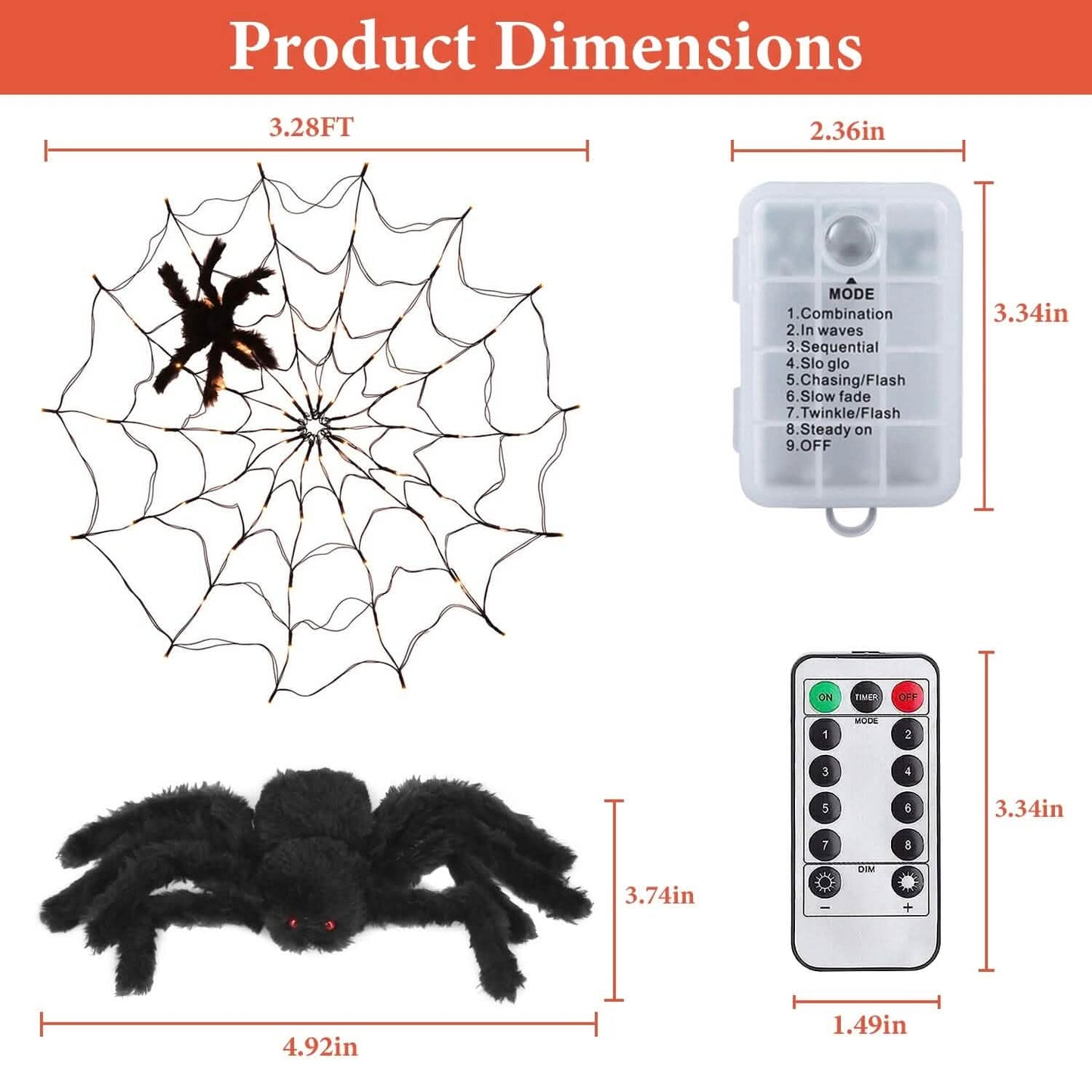 Spider Web Light with Hairy Spider 70LED Battery Powered Remote Control 8 Lighting Modes DailySale