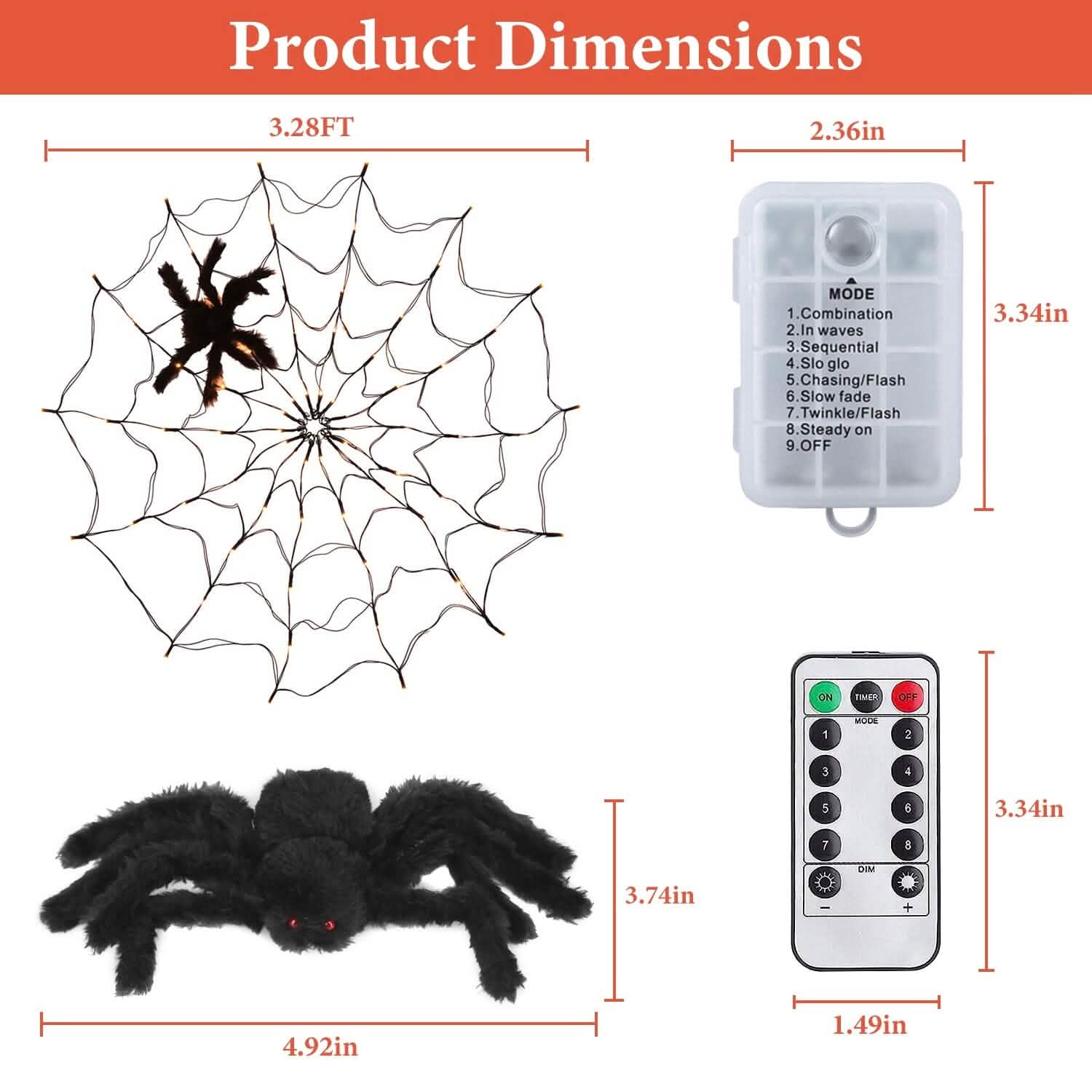 Spider Web Light with Hairy Spider 70LED Battery Powered Remote Control 8 Lighting Modes DailySale