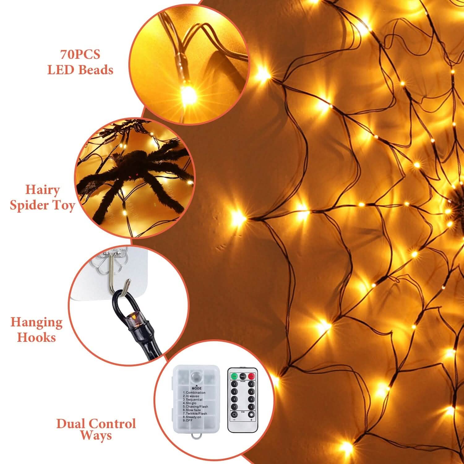 Spider Web Light with Hairy Spider 70LED Battery Powered Remote Control 8 Lighting Modes DailySale