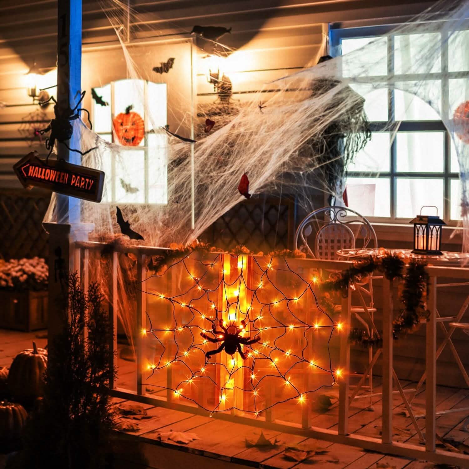 Spider Web Light with Hairy Spider 70LED Battery Powered Remote Control 8 Lighting Modes DailySale