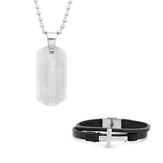 Stainless Steel Our Father Prayer Leather Bracelet and Dog Tag Pendant DailySale