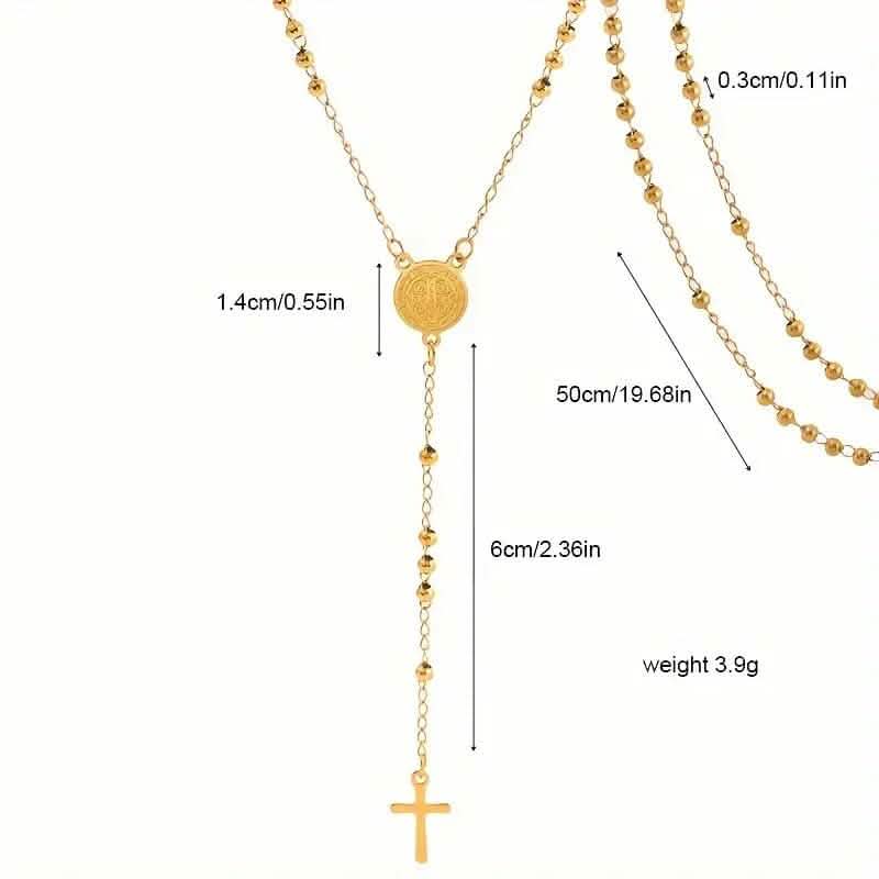 Stainless Steel St. Benedict Pattern Golden Rosary Cross Pendant Necklace DailySale