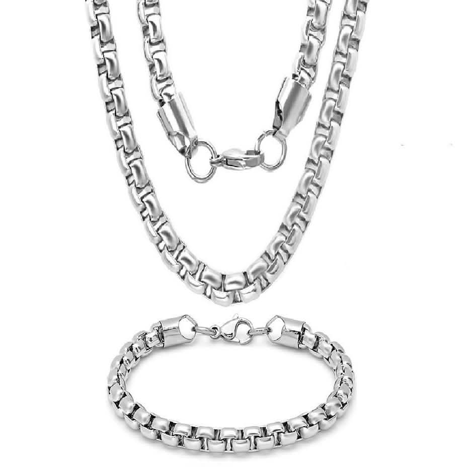 Steeltime Men's 7mm Round Box Stainless Steel Necklace and Bracelet DailySale