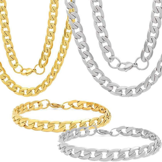 Steeltime Men's 8mm Stainless Steel Diamond Cut Cuban Link Chain Necklace and Bracelet DailySale