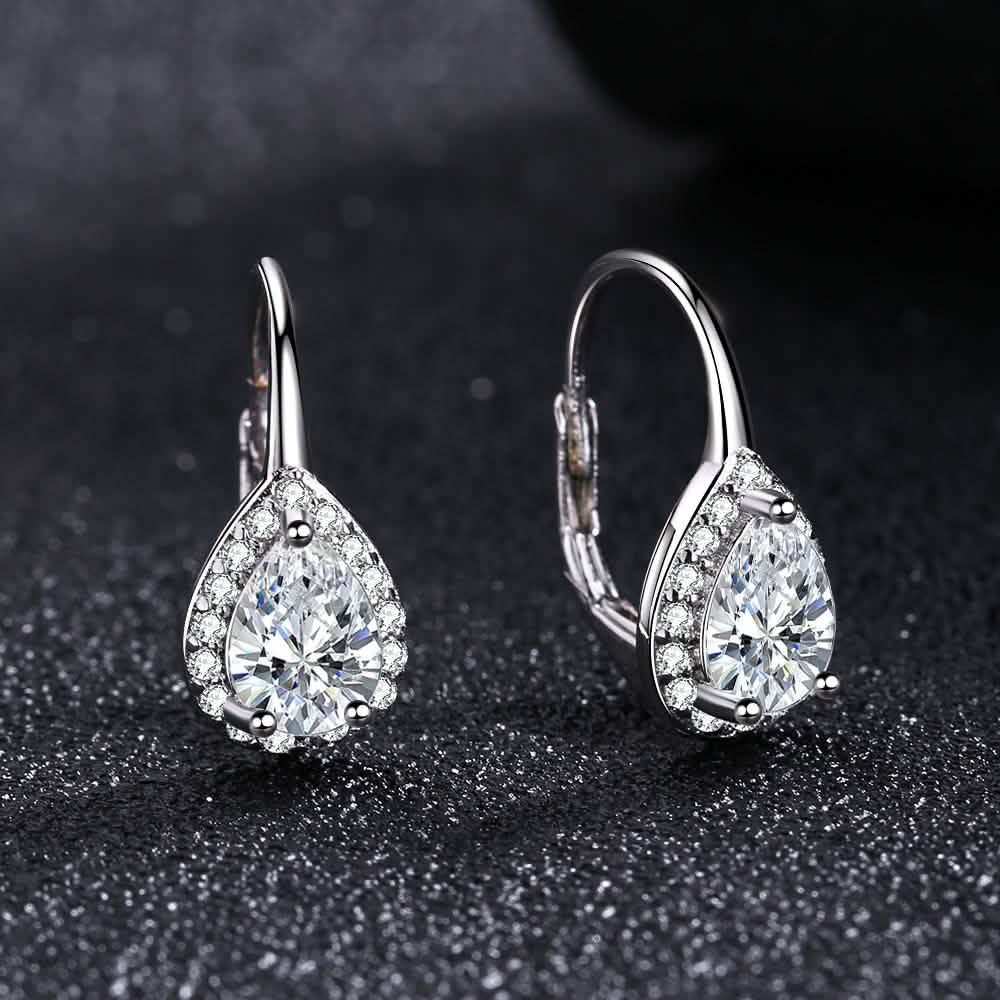 Sterling Silver Pear Omega Lever-back Halo Earring With Swarovski Crystals DailySale