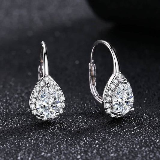 Sterling Silver Pear Omega Lever-back Halo Earring With Swarovski Crystals DailySale
