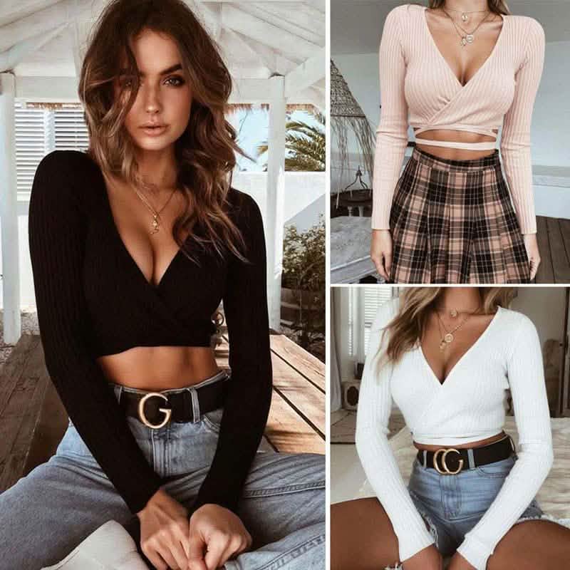 Summer Women Slim Long Sleeve Tee Cross V-neck Sexy Crop Top DailySale